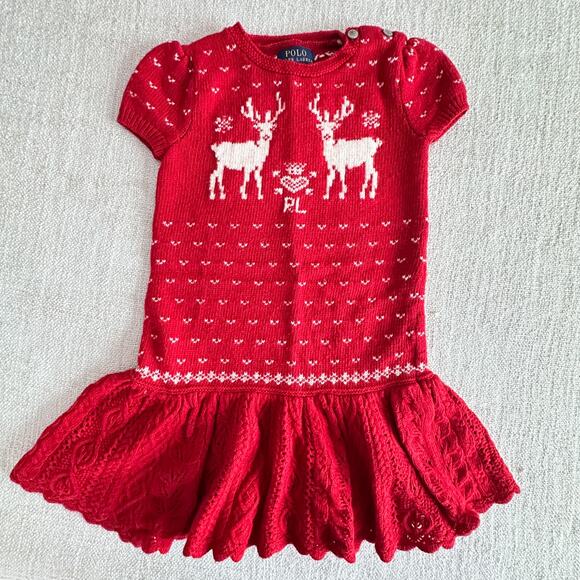 Polo Ralph Lauren Girl's Red Reindeer Sweater Dress GUC 5 - Picture 1 of 7